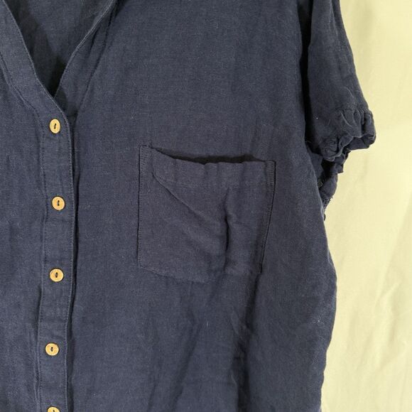 Any Body Blouse Women's 1X Blue Button Up Short Sleeve Cotton Linen Blend Solid - Picture 4 of 8